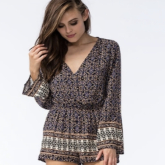 Almost Famous Pants - Almost Famous Long Sleeve Boho Paisley Print Romper Shorts